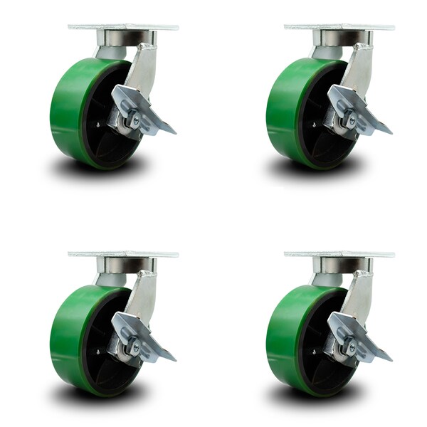 Service Caster 8 Inch Heavy Duty Green Poly on Cast Iron Swivel Caster Set with Brakes, 4PK SCC-KP92S830-PUR-GB-SLB-4 - main